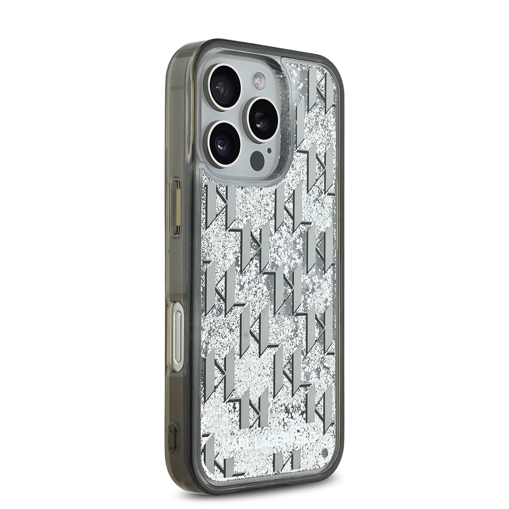 Apple iPhone 16 Pro Kılıf Karl Lagerfeld Orjinal Lisanslı Simli KL Yazılı Monogram Gradient Kapak Siyah