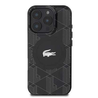 Apple iPhone 16 Pro Kılıf Lacoste Orjinal Lisanslı M-safe Şarj Özellikli IML Baskılı Gümüş Timsah Logolu Monogram Kapak Lacivert