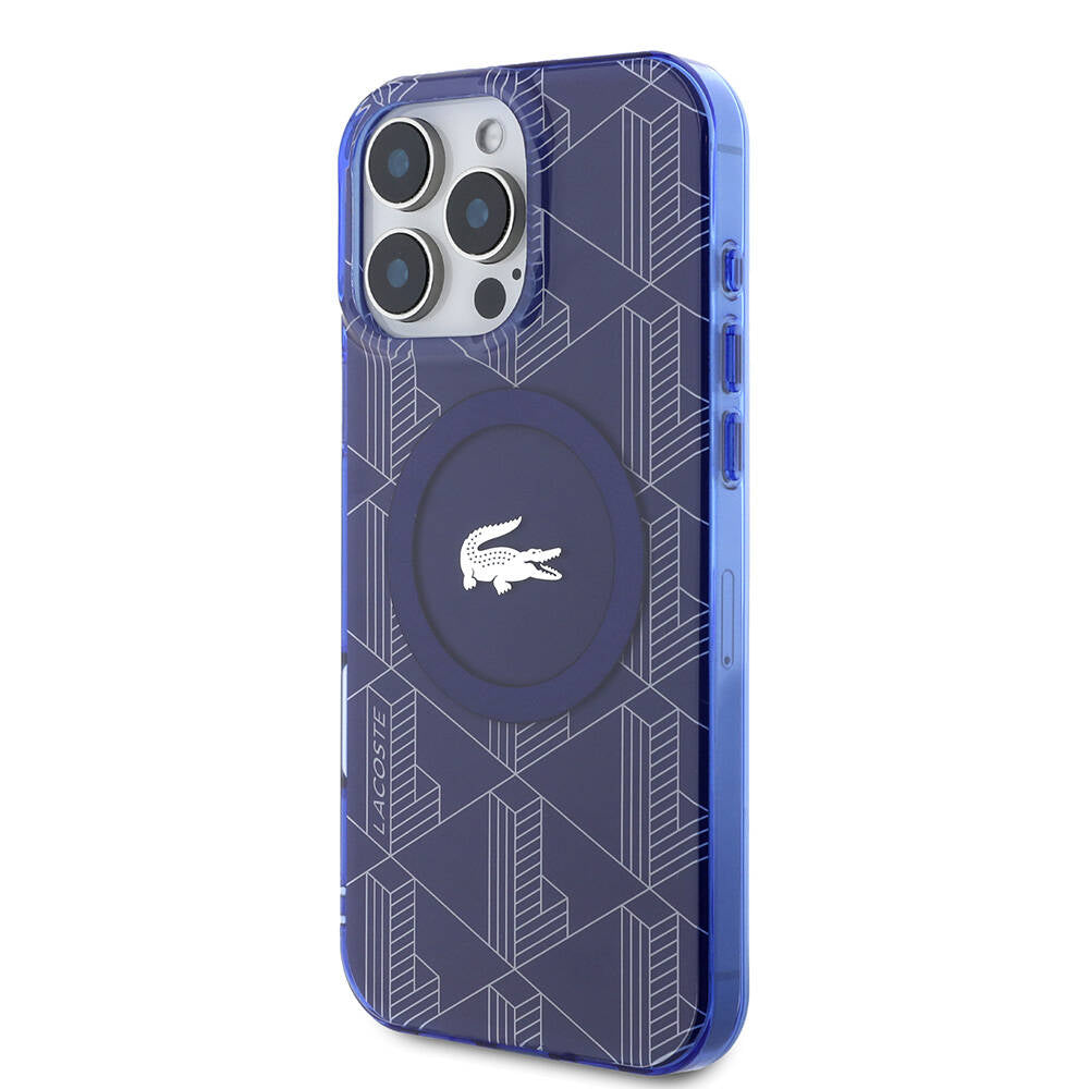 Apple iPhone 16 Pro Kılıf Lacoste Orjinal Lisanslı M-safe Şarj Özellikli IML Baskılı Gümüş Timsah Logolu Monogram Kapak Lacivert