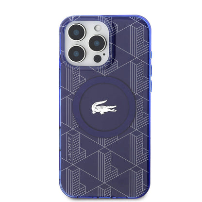 Apple iPhone 16 Pro Kılıf Lacoste Orjinal Lisanslı M-safe Şarj Özellikli IML Baskılı Gümüş Timsah Logolu Monogram Kapak Lacivert