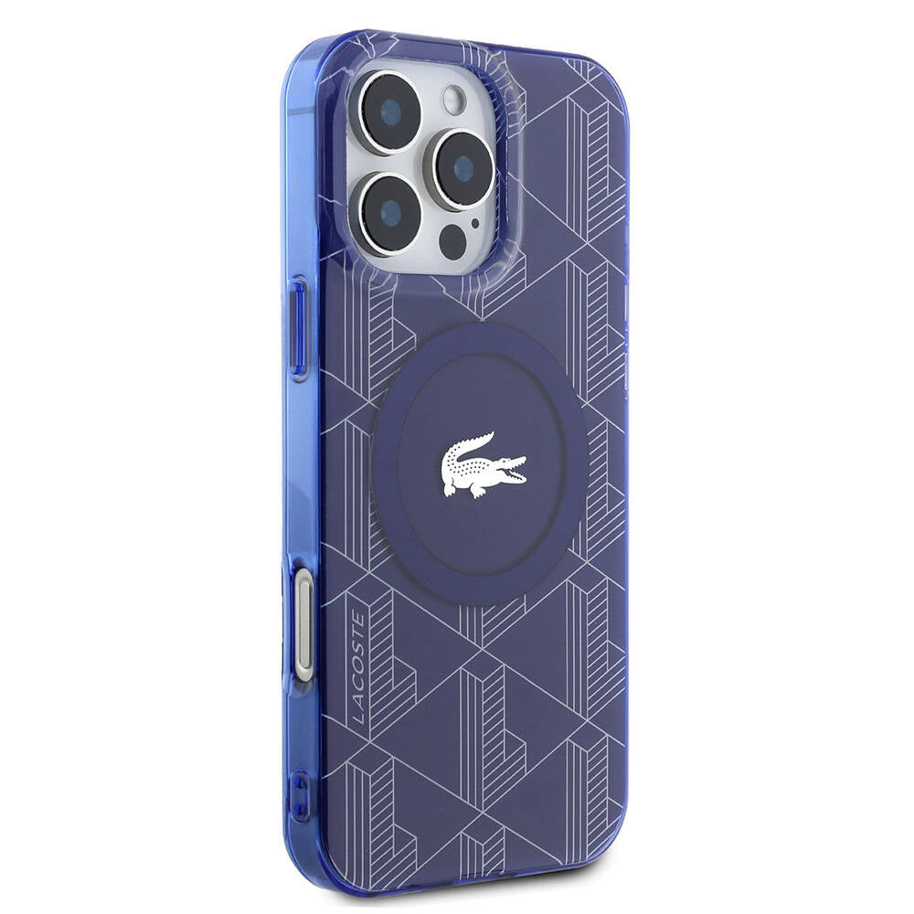 Apple iPhone 16 Pro Kılıf Lacoste Orjinal Lisanslı M-safe Şarj Özellikli IML Baskılı Gümüş Timsah Logolu Monogram Kapak Lacivert