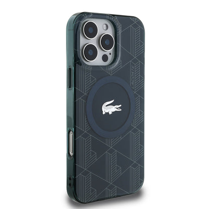 Apple iPhone 16 Pro Kılıf Lacoste Orjinal Lisanslı M-safe Şarj Özellikli IML Baskılı Gümüş Timsah Logolu Monogram Kapak Siyah