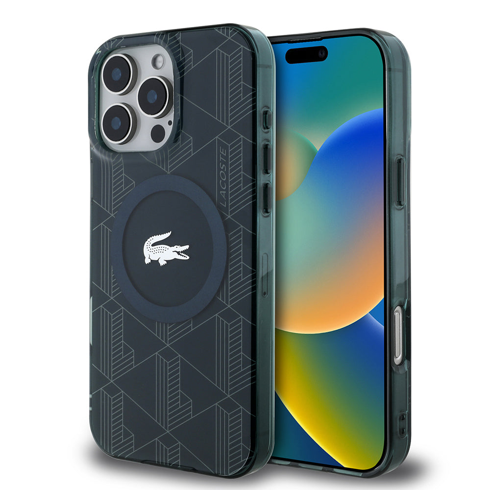 Apple iPhone 16 Pro Kılıf Lacoste Orjinal Lisanslı M-safe Şarj Özellikli IML Baskılı Gümüş Timsah Logolu Monogram Kapak Yeşil