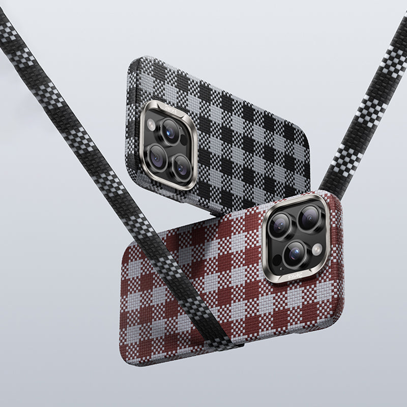 Apple iPhone 16 Pro Kılıf M-safe Şarj Özellikli Ekose Tasarımlı Benks ArmorVichy Kevlar Kapak Siyah