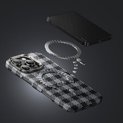 Apple iPhone 16 Pro Kılıf M-safe Şarj Özellikli Ekose Tasarımlı Benks ArmorVichy Kevlar Kapak Siyah