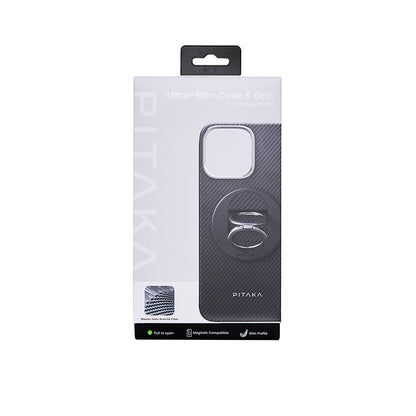 Apple iPhone 16 Pro Kılıf M-safe Şarj Özellikli Grip 3 Standlı 600D Aramid Fiber Pitaka Ultra-Slim Classic Serisi Black-Grey Twill Kapak Siyah-Gri