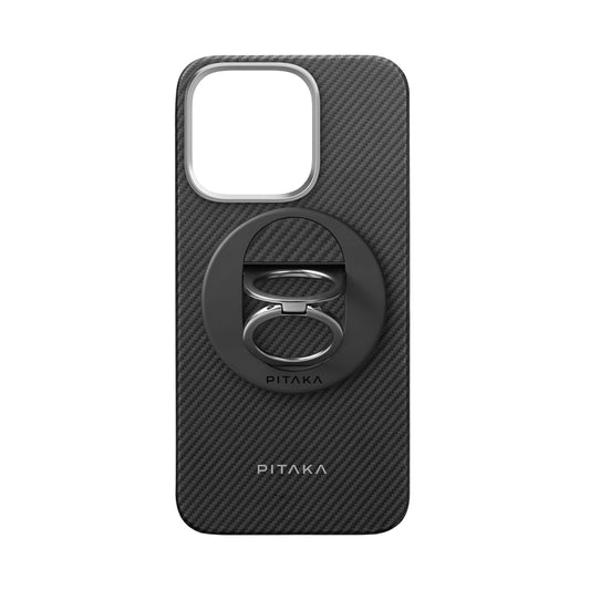 Apple iPhone 16 Pro Kılıf M-safe Şarj Özellikli Grip 3 Standlı 600D Aramid Fiber Pitaka Ultra-Slim Classic Serisi Black-Grey Twill Kapak Siyah-Gri
