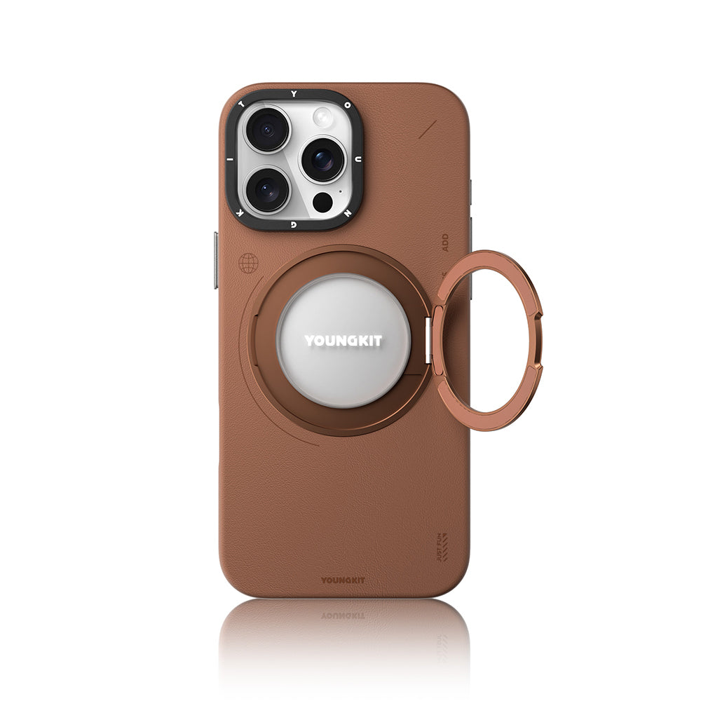 Apple iPhone 16 Pro Kılıf M-safe Şarj Özellikli 360° Standlı Basit Mat Deri Desenli Youngkit Tech Leather Serisi Kapak Gri