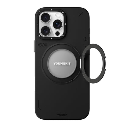 Apple iPhone 16 Pro Kılıf M-safe Şarj Özellikli 360° Standlı Basit Mat Deri Desenli Youngkit Tech Leather Serisi Kapak Siyah