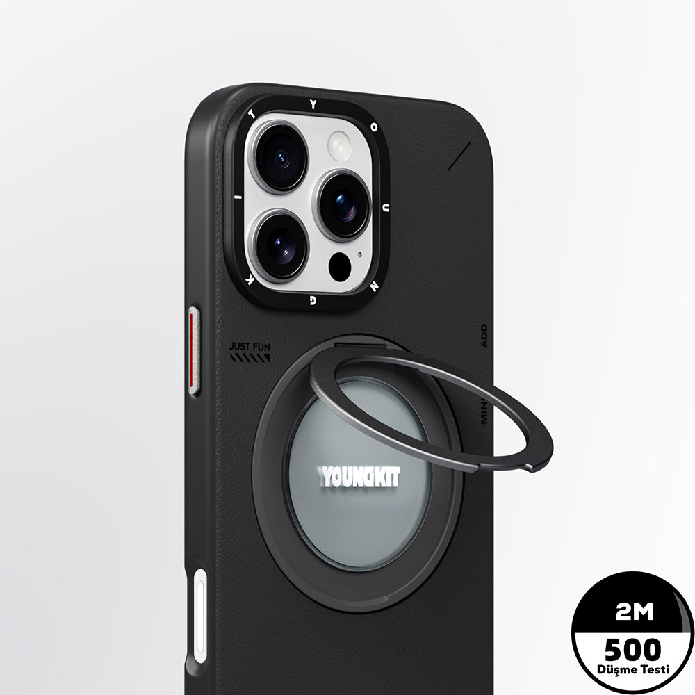 Apple iPhone 16 Pro Kılıf M-safe Şarj Özellikli 360° Standlı Basit Mat Deri Desenli Youngkit Tech Leather Serisi Kapak Siyah