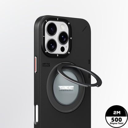 Apple iPhone 16 Pro Kılıf M-safe Şarj Özellikli 360° Standlı Basit Mat Deri Desenli Youngkit Tech Leather Serisi Kapak Siyah