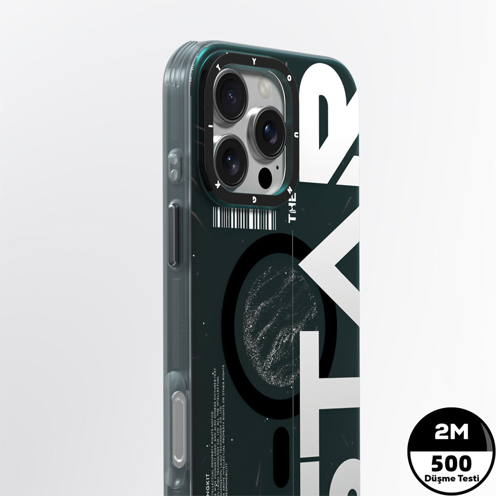 Apple iPhone 16 Pro Kılıf M-safe Şarj Özellikli Airbagli Hologram Tasarımlı Youngkit Interstellar Serisi Kapak Siyah-Turuncu