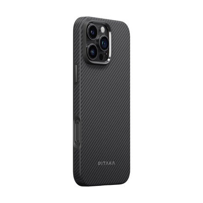 Apple iPhone 16 Pro Kılıf M-safe Şarj Özellikli Aramid Fiber Pitaka Military-Grade Classic Serisi Black-Grey Twill Kapak Siyah