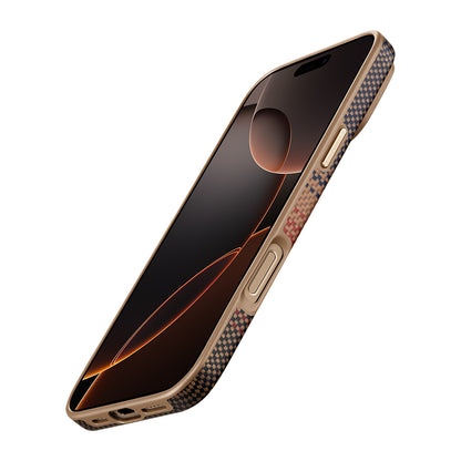 Apple iPhone 16 Pro Kılıf M-safe Şarj Özellikli Aramid Fiber Pitaka Military-Grade Sunset-Moonrise Serisi Sunset Kapak Kahverengi