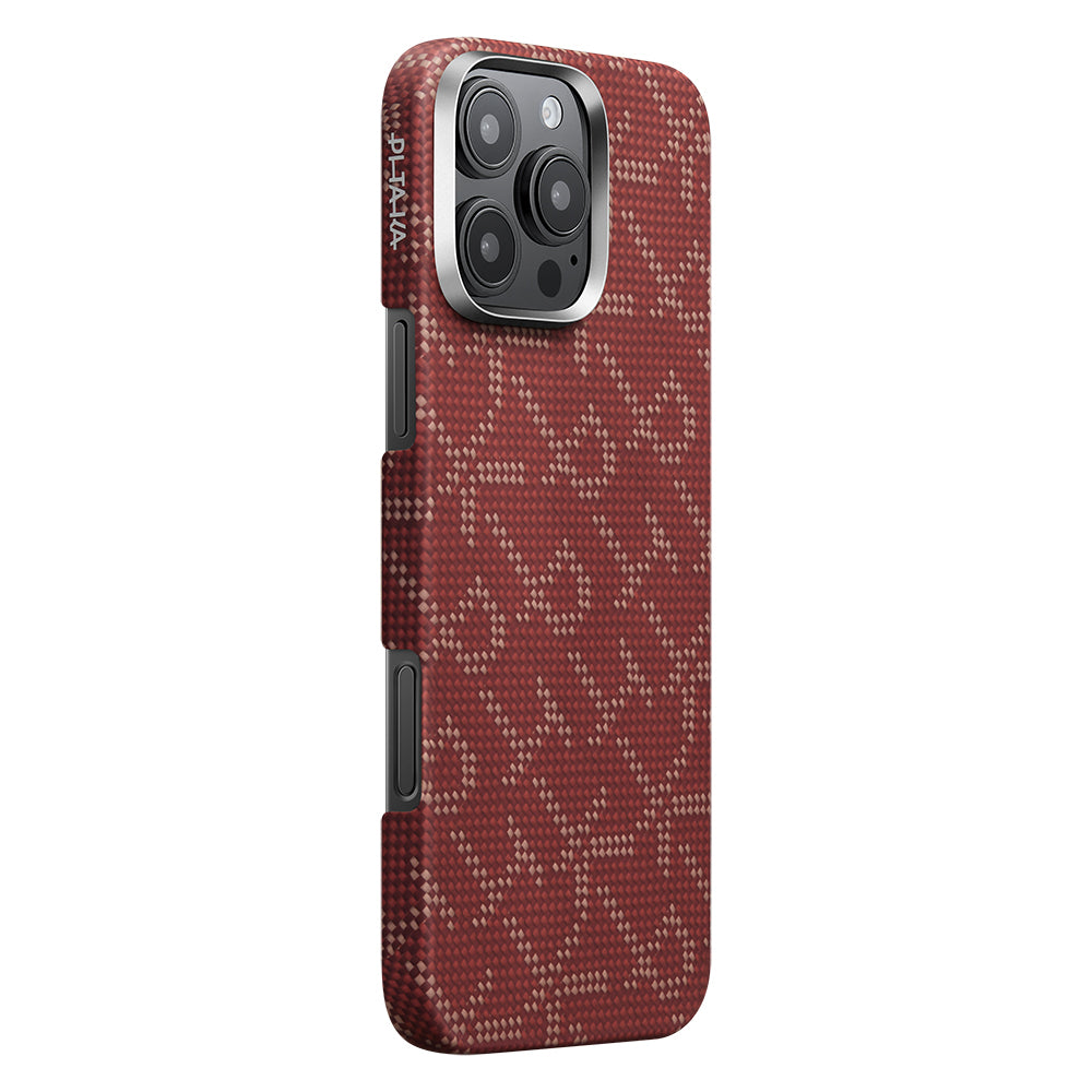 Apple iPhone 16 Pro Kılıf M-safe Şarj Özellikli Aramid Fiber Pitaka Tactile Woven Monogram Serisi Kapak Kırmızı