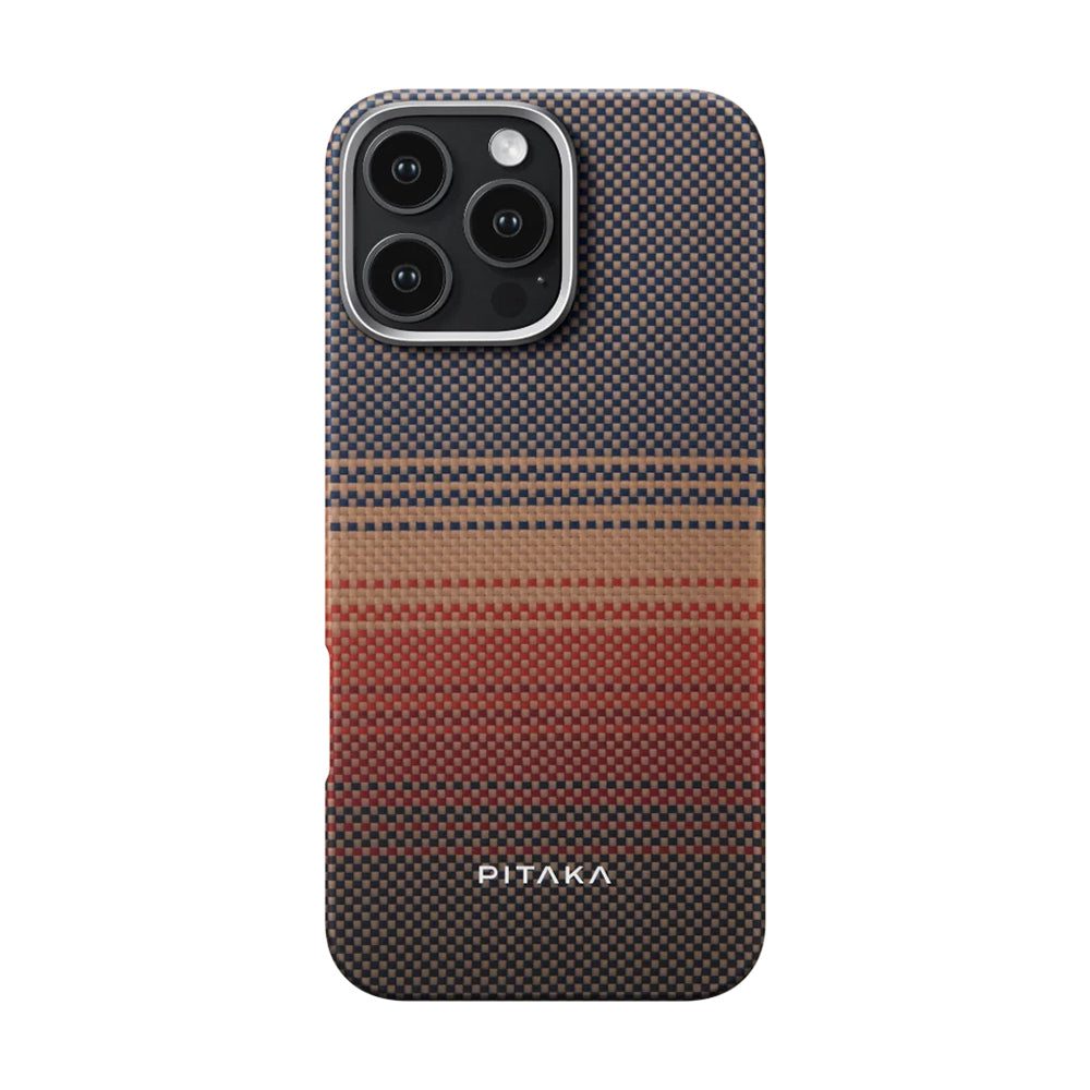 Apple iPhone 16 Pro Kılıf M-safe Şarj Özellikli Aramid Fiber Pitaka Tactile Woven Sunset-Moonrise Serisi Sunset Kapak Kahverengi
