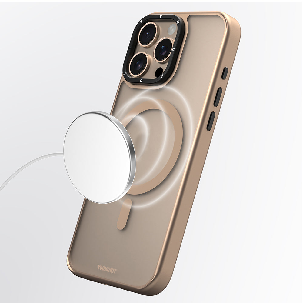 Apple iPhone 16 Pro Kılıf M-safe Şarj Özellikli Cam Arka Yüzey TPU Youngkit Gemstone Serisi Kapak Gri