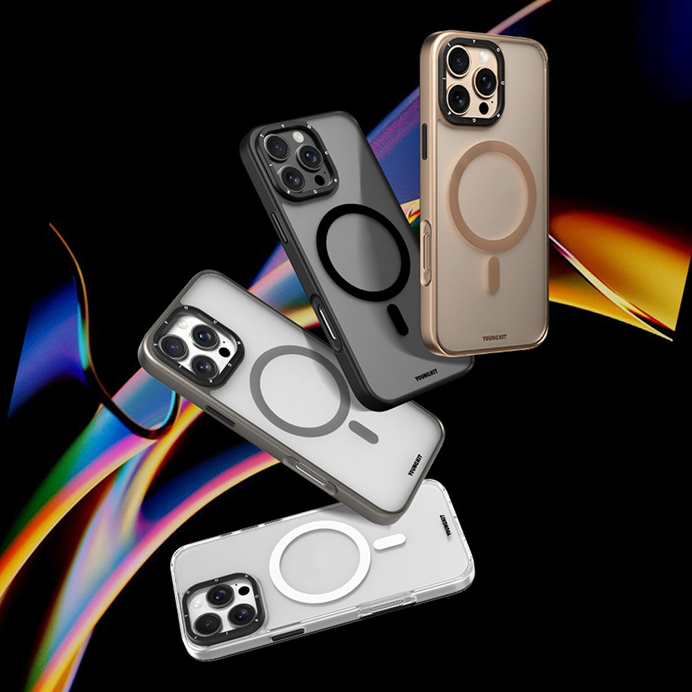 Apple iPhone 16 Pro Kılıf M-safe Şarj Özellikli Cam Arka Yüzey TPU Youngkit Gemstone Serisi Kapak Gri