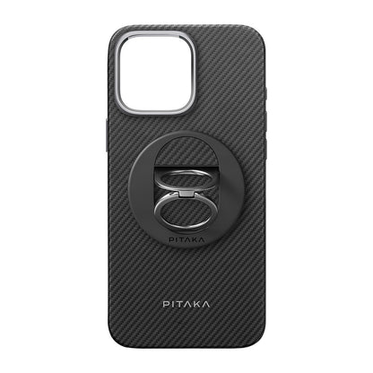 Apple iPhone 16 Pro Kılıf M-safe Şarj Özellikli Grip 3 Standlı Aramid Fiber Pitaka Military Grade Classic Serisi Black-Grey Twill Kapak Siyah-Gri