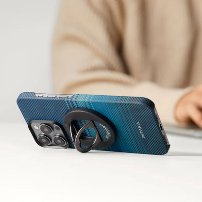 Apple iPhone 16 Pro Kılıf M-safe Şarj Özellikli Grip 3 Standlı Aramid Fiber Pitaka Tactile Woven Sunset-Moonrise Serisi Moonrise Kapak Mavi