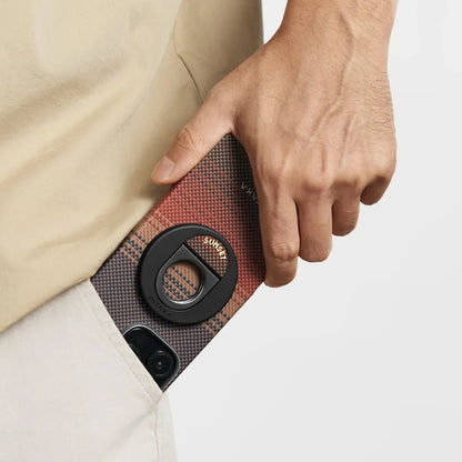 Apple iPhone 16 Pro Kılıf M-safe Şarj Özellikli Grip 3 Standlı Aramid Fiber Pitaka Tactile Woven Sunset-Moonrise Serisi Sunset Kapak Kahverengi