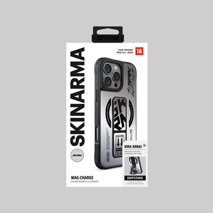 Apple iPhone 16 Pro Kılıf M-safe Şarj Özellikli Holografik Tasarımlı Standlı Deri Görünümlü Skinarma Kira Kobai Kapak Gümüş