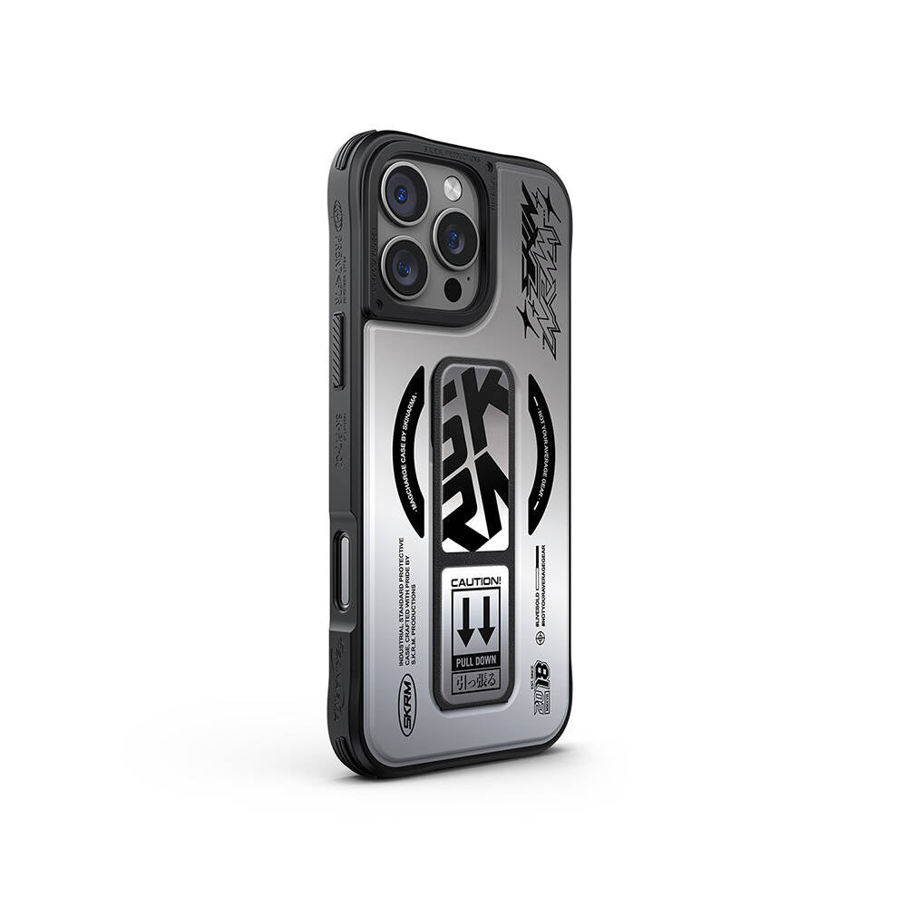 Apple iPhone 16 Pro Kılıf M-safe Şarj Özellikli Holografik Tasarımlı Standlı Deri Görünümlü Skinarma Kira Kobai Kapak Gümüş