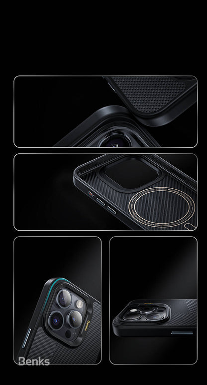 Apple iPhone 16 Pro Kılıf M-safe Şarj Özellikli Karbon Fiber Benks Montage Hybrid ArmorPro Kevlar Kapak Siyah