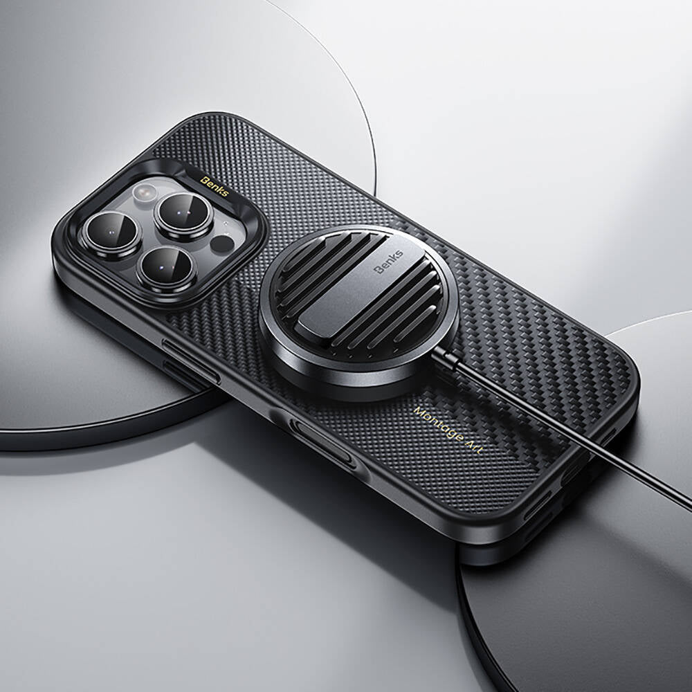 Apple iPhone 16 Pro Kılıf M-safe Şarj Özellikli Karbon Fiber Benks Montage Hybrid ArmorPro Kevlar Kapak Siyah