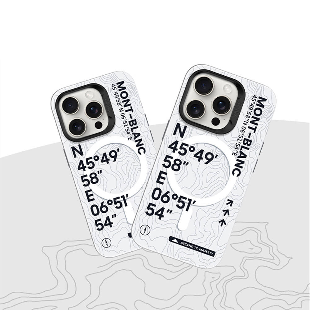 Apple iPhone 16 Pro Kılıf M-safe Şarj Özellikli Koordinat Yazı Desenli Benks Summit Serisi Kapak Beyaz