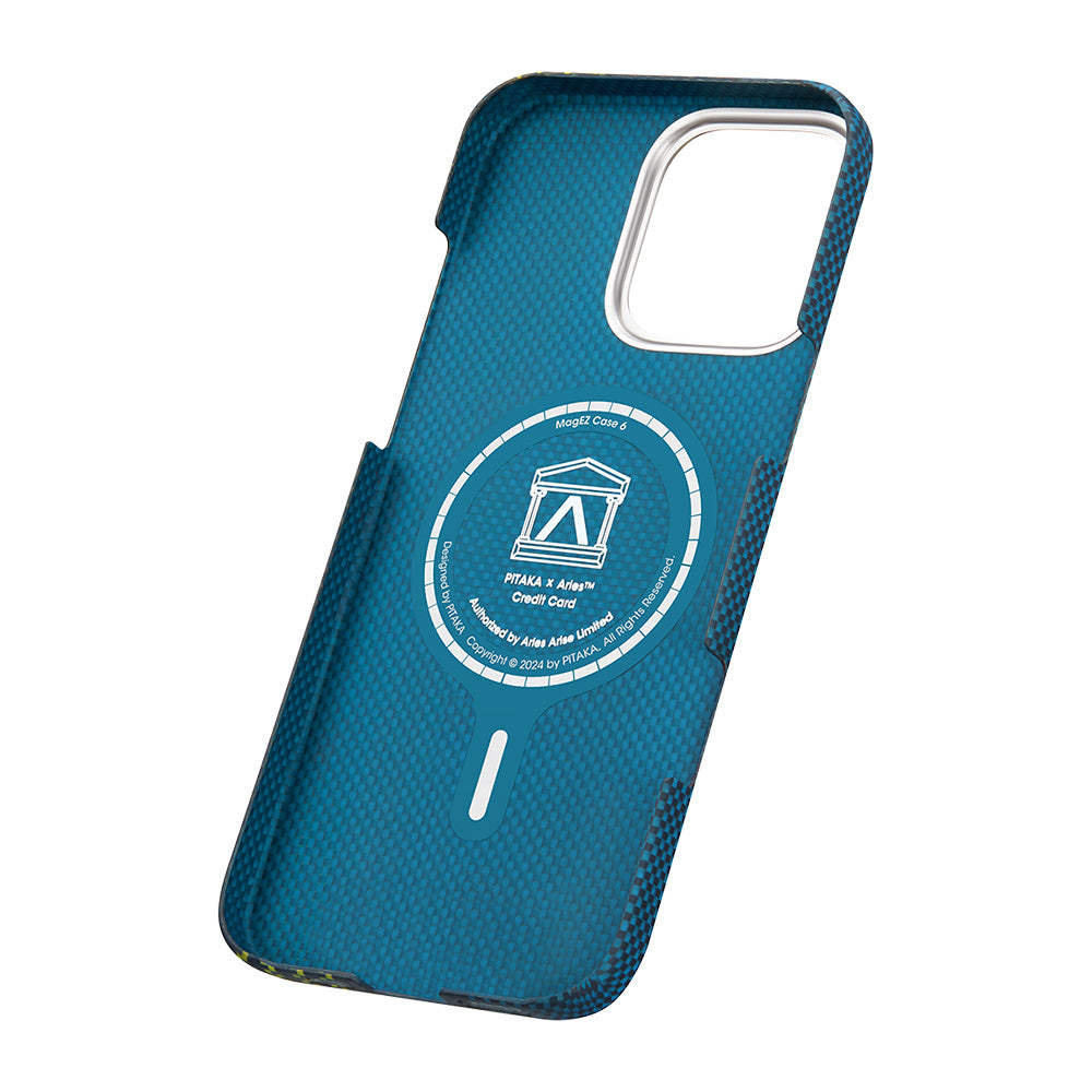 Apple iPhone 16 Pro Kılıf M-safe Şarj Özellikli Lumintex Teknolojili Fosforlu Aramid Fiber Pitaka Tactile Woven Aries Serisi Credit Card Kapak Yeşil-Mavi