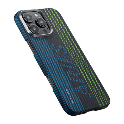 Apple iPhone 16 Pro Kılıf M-safe Şarj Özellikli Lumintex Teknolojili Fosforlu Aramid Fiber Pitaka Tactile Woven Aries Serisi Credit Card Kapak Yeşil-Mavi