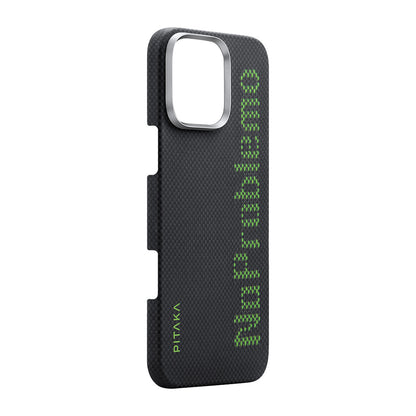 Apple iPhone 16 Pro Kılıf M-safe Şarj Özellikli Lumintex Teknolojili Fosforlu Aramid Fiber Pitaka Tactile Woven Aries Serisi NoProblemo Kapak Siyah