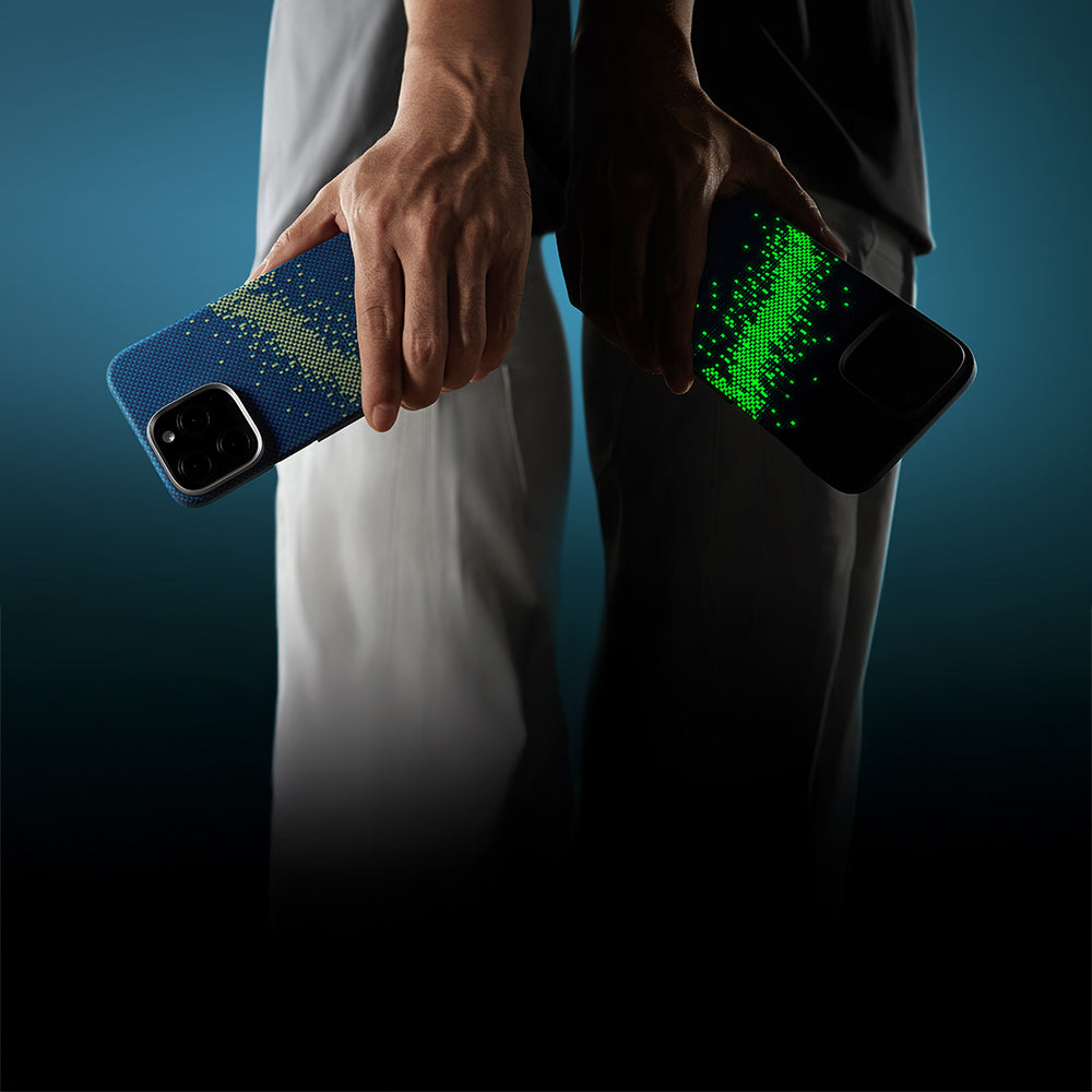 Apple iPhone 16 Pro Kılıf M-safe Şarj Özellikli Lumintex Teknolojili Fosforlu Özellikli Aramid Fiber Pitaka Tactile Woven Starpeak Serisi Milky Way Galaxy Kapak Mavi