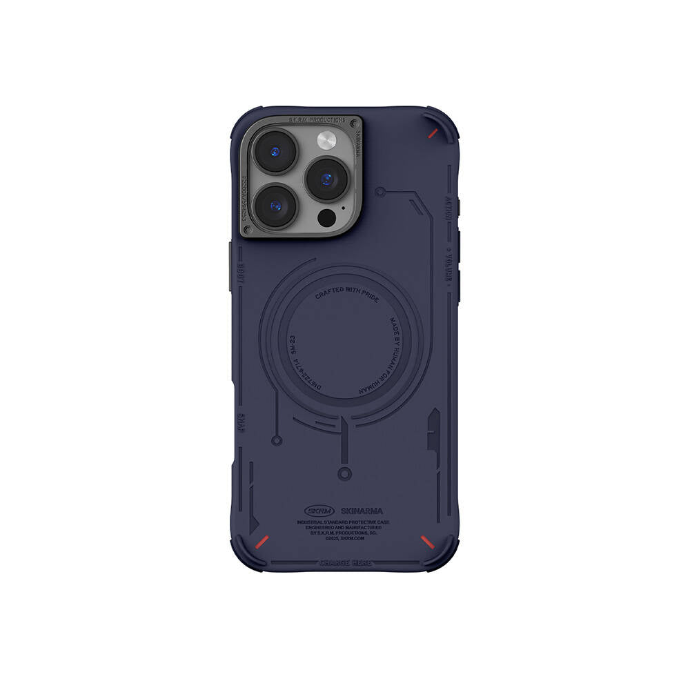 Apple iPhone 16 Pro Kılıf M-safe Şarj Özellikli Metal Kamera Çerçeveli Skinarma Mecha Serisi Kapak Mavi