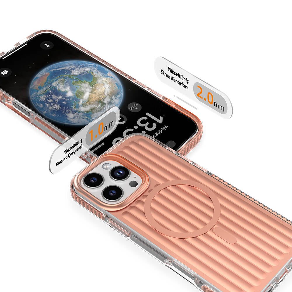 Apple iPhone 16 Pro Kılıf M-safe Şarj Özellikli Oyuklu Tasarım Mutural Bumpy Clear Kapak Gümüş