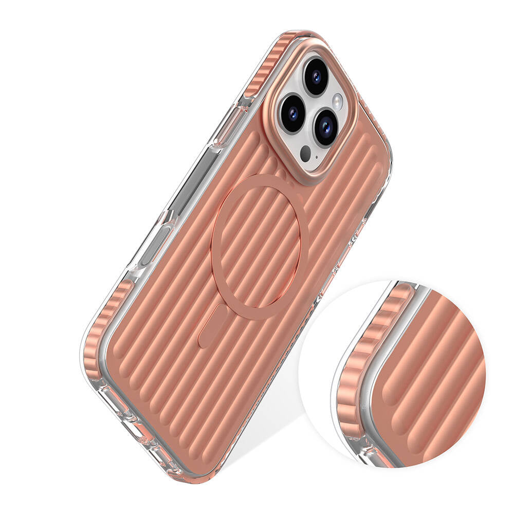 Apple iPhone 16 Pro Kılıf M-safe Şarj Özellikli Oyuklu Tasarım Mutural Bumpy Clear Kapak Rose Gold