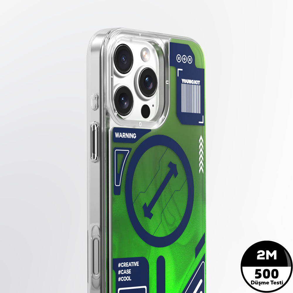 Apple iPhone 16 Pro Kılıf M-safe Şarj Özellikli Parlak Kumlu Sıvılı Tasarımlı Galaxy Fantasy Serisi Kapak Yeşil