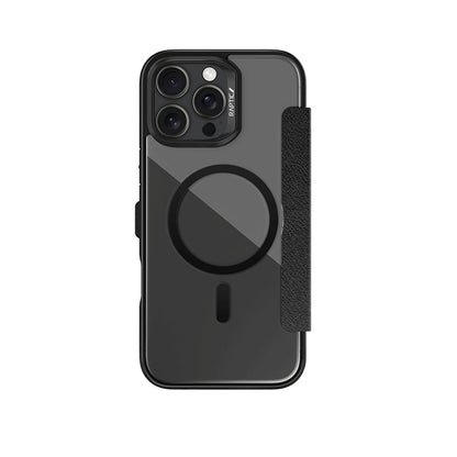 Apple iPhone 16 Pro Kılıf M-safe Şarj Özellikli Vegan Deri Tasarımlı Şeffaf Arka Yüzey Kartlıklı Raptic Urban Folio Serisi Kapak Siyah