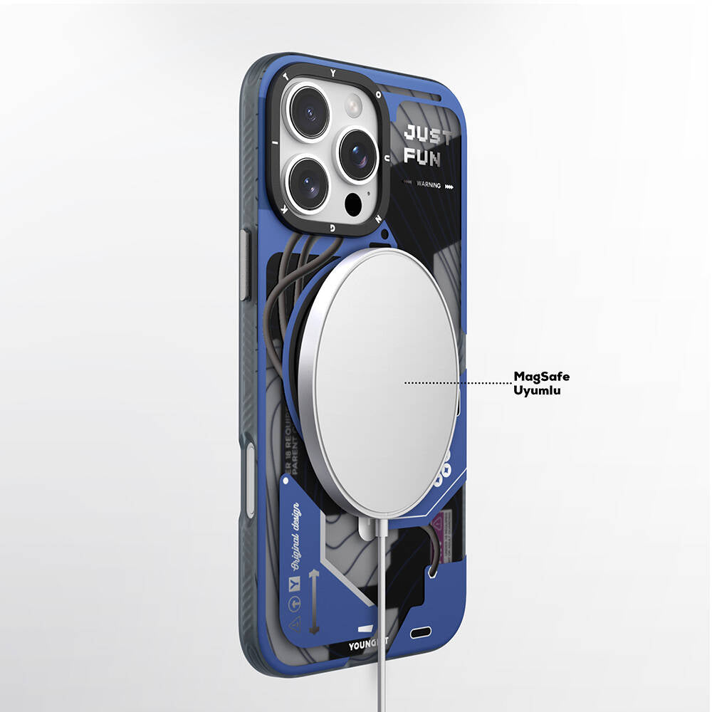 Apple iPhone 16 Pro Kılıf M-safe Şarj Özellikli Youngkit 360° Standlı Starship Serisi Kapak Mavi