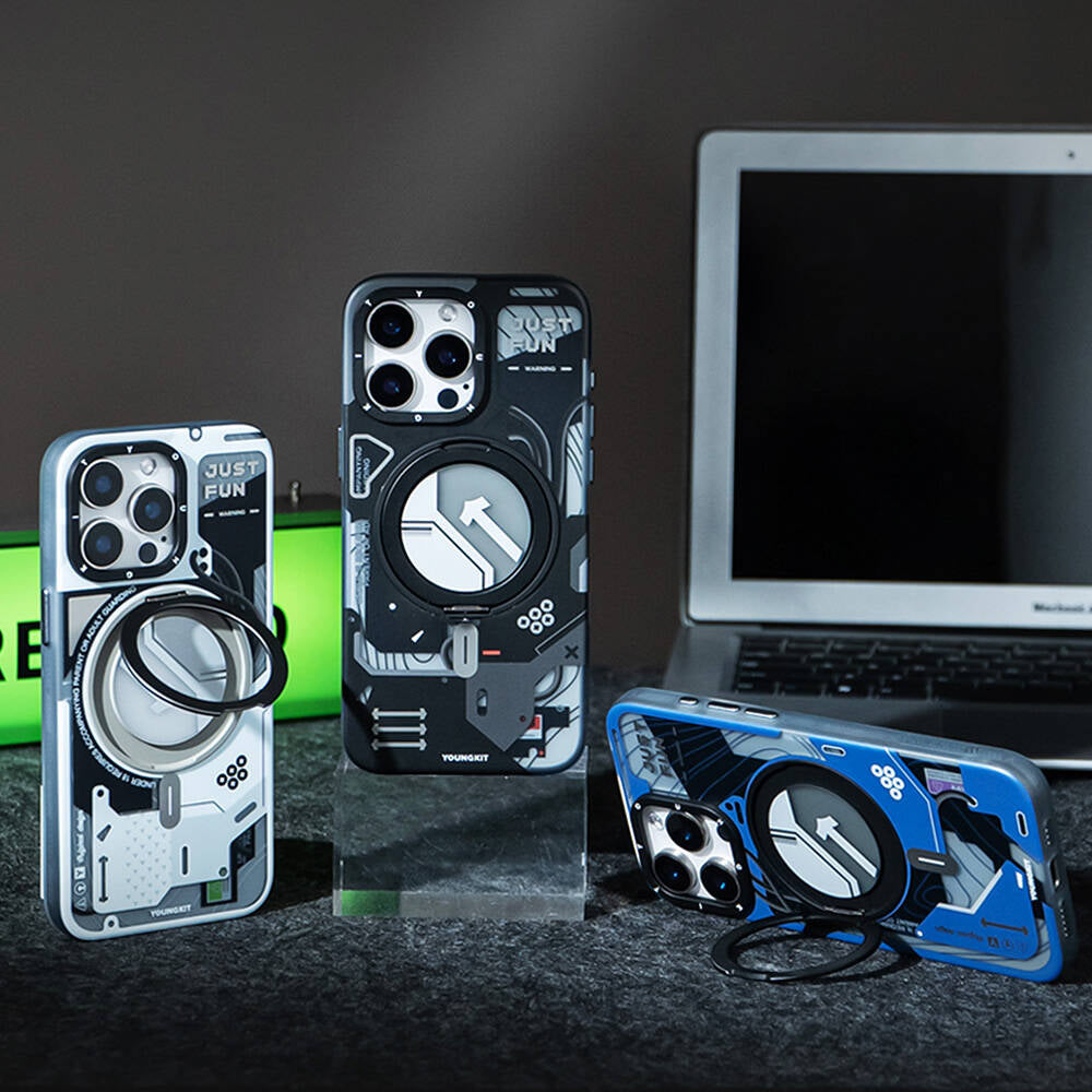 Apple iPhone 16 Pro Kılıf M-safe Şarj Özellikli Youngkit 360° Standlı Starship Serisi Kapak Beyaz