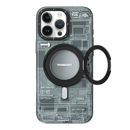 Apple iPhone 16 Pro Kılıf M-safe Şarj Özellikli Youngkit 360° Standlı Technology Serisi Kapak Gri