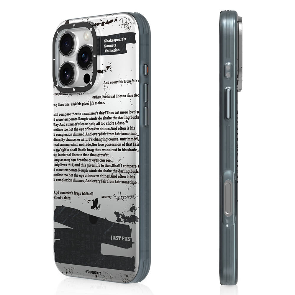 Apple iPhone 16 Pro Kılıf M-safe Şarj Özellikli Youngkit Literary Serisi Shakespeare Kapak Gri