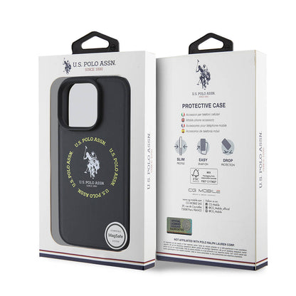 Apple iPhone 16 Pro Kılıf U.S. Polo Assn. Orjinal Lisanslı M-safe Şarj Özellikli Circle ve Double Horse Logolu Deri Kapak Siyah