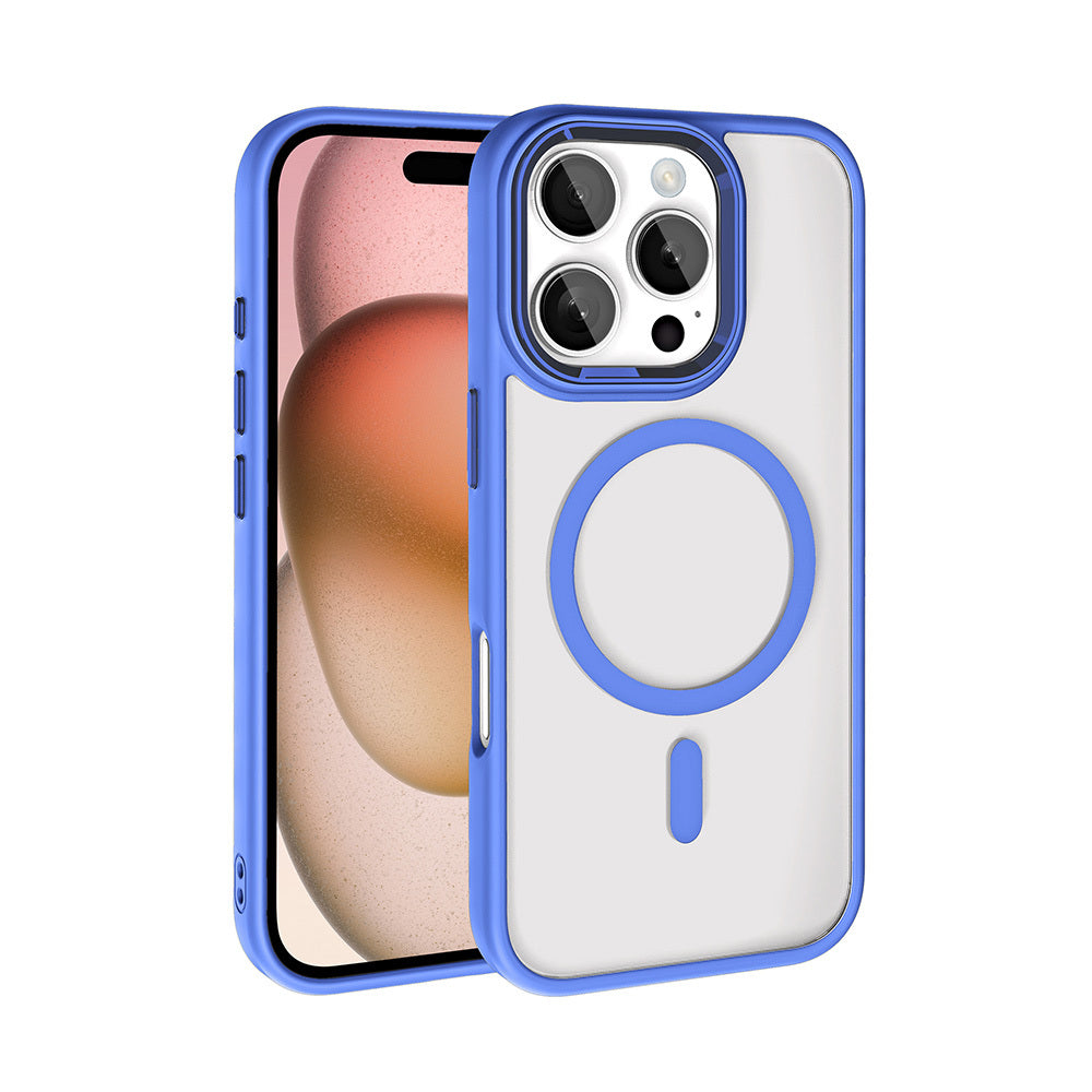 Apple iPhone 16 Pro Kılıf Wireless Şarj Özellikli Zore Krom M-safe Silikon Kapak Mavi