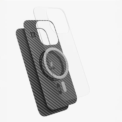 Apple iPhone 16 Pro Kılıf Wiwu DCC-206 M-safe Şarj Özellikli Kamera Standlı Aramid Fiber Tasarım Kevlar Kapak Siyah