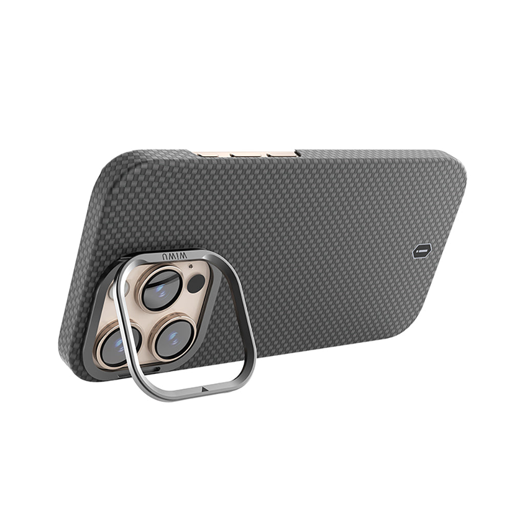 Apple iPhone 16 Pro Kılıf Wiwu DCC-208 M-safe Şarj Özellikli Kamera Standlı Aramid Fiber Tasarım Kevlar Kapak Kırmızı