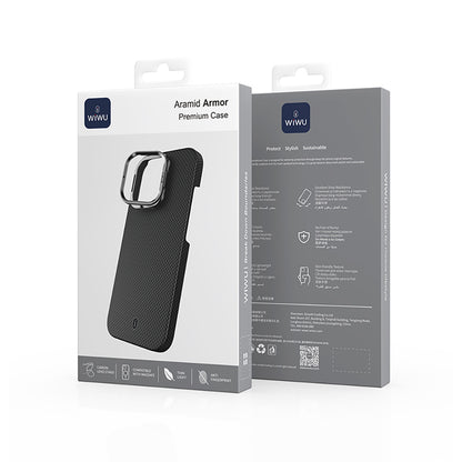 Apple iPhone 16 Pro Kılıf Wiwu DCC-208 M-safe Şarj Özellikli Kamera Standlı Aramid Fiber Tasarım Kevlar Kapak Siyah