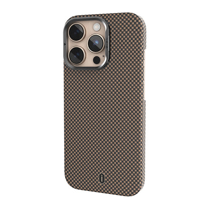 Apple iPhone 16 Pro Kılıf Wiwu DCC-208 M-safe Şarj Özellikli Kamera Standlı Aramid Fiber Tasarım Kevlar Kapak Gold