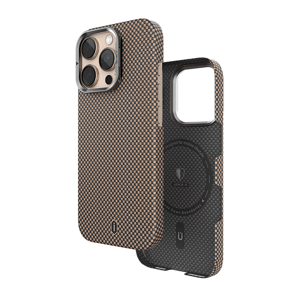 Apple iPhone 16 Pro Kılıf Wiwu DCC-208 M-safe Şarj Özellikli Kamera Standlı Aramid Fiber Tasarım Kevlar Kapak Gold